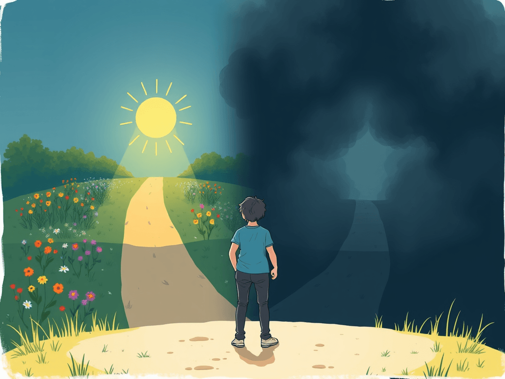 An_illustration_showing_a_person_standing_at_a_crossroads_One_path_leads_to_a_bright_sunny_area_filled_with_flowers_and_light_representing_positive_feelings_.png